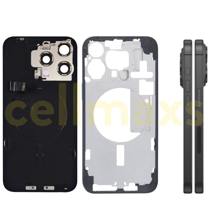 Cellmaxs For iPhone 15 Pro Max Back Housing Cover Frame Glass Replacement With Wireless Charging Power Volume Flex Camera Lens Button Keys Sim Card Tray