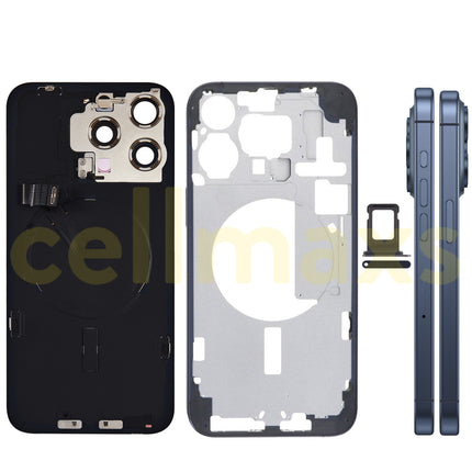 Cellmaxs For iPhone 15 Pro Max Back Housing Cover Frame Glass Replacement With Wireless Charging Power Volume Flex Camera Lens Button Keys Sim Card Tray