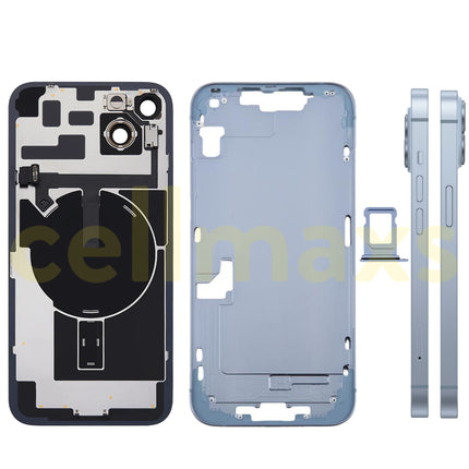 Cellmaxs For iPhone 14 Plus Back Housing Cover Frame Glass Replacement With Wireless Charging Power Volume Flex Camera Lens Button Keys Sim Card Tray