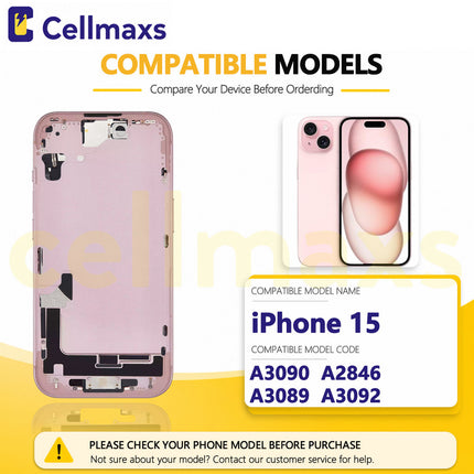 Cellmaxs For iPhone 15 Back Housing Cover Frame Glass Replacement With Wireless Charging Power Volume Flex Camera Lens Button Keys Sim Card Tray