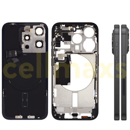 Cellmaxs For iPhone 15 Pro Back Housing Cover Frame Glass Replacement With Wireless Charging Power Volume Flex Camera Lens Button Keys Sim Card Tray