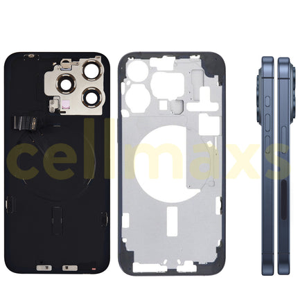 Cellmaxs For iPhone 15 Pro Max Back Housing Cover Frame Glass Replacement With Wireless Charging Power Volume Flex Camera Lens Button Keys Sim Card Tray