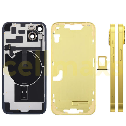 Cellmaxs For iPhone 14 Plus Back Housing Cover Frame Glass Replacement With Wireless Charging Power Volume Flex Camera Lens Button Keys Sim Card Tray