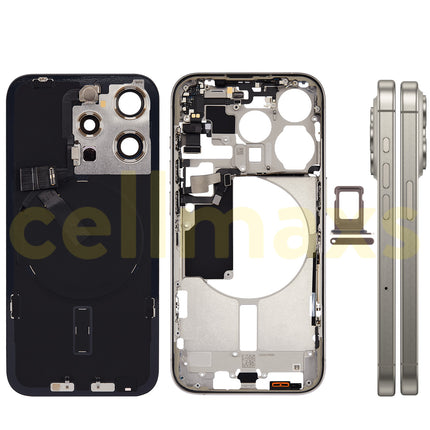 Cellmaxs For iPhone 15 Pro Back Housing Cover Frame Glass Replacement With Wireless Charging Power Volume Flex Camera Lens Button Keys Sim Card Tray