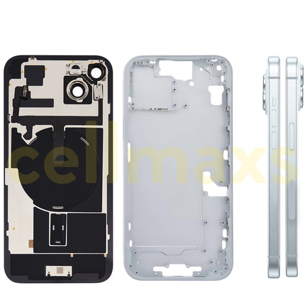 Cellmaxs For iPhone 15 Plus Back Housing Cover Frame Glass Replacement With Wireless Charging Power Volume Flex Camera Lens Button Keys Sim Card Tray