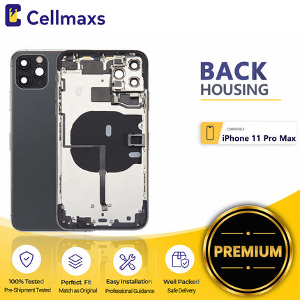 Cellmaxs For iPhone 11 Pro Max Back Housing Cover Replacement With Wireless Charging Power Volume Flex Camera Lens Button Keys Sim Card Tray Free Tools