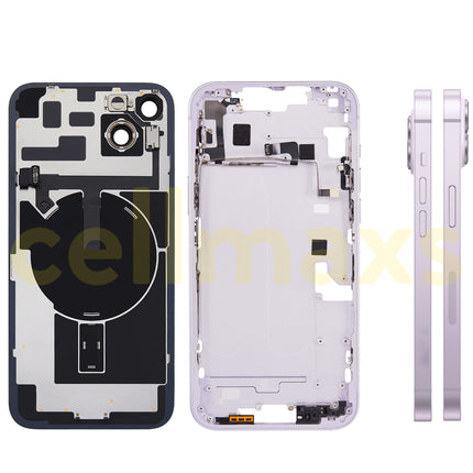 Cellmaxs For iPhone 14 Plus Back Housing Cover Frame Glass Replacement With Wireless Charging Power Volume Flex Camera Lens Button Keys Sim Card Tray