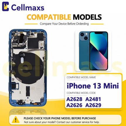 Cellmaxs For iPhone 13 Mini Back Housing Cover Replacement With Wireless Charging Power Volume Flex Camera Lens Button Keys Sim Card Tray Free Tools