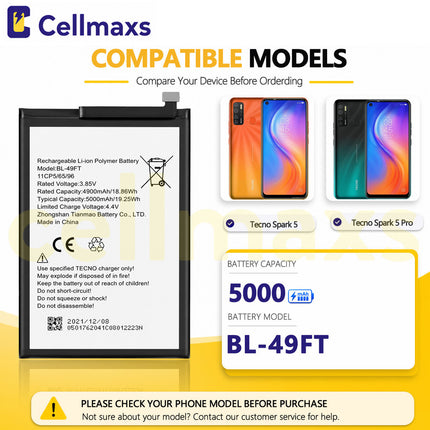 Cellmaxs Battery BL-49FT 4900mAh For Tecno Spark 5 Pro 6 Go 2020 KE5 KD7S KE5S KE5j KE5k Battery Replacement With Tools Adhesive