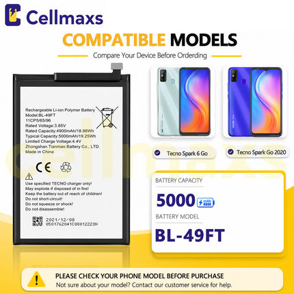 Cellmaxs Battery BL-49FT 4900mAh For Tecno Spark 5 Pro 6 Go 2020 KE5 KD7S KE5S KE5j KE5k Battery Replacement With Tools Adhesive