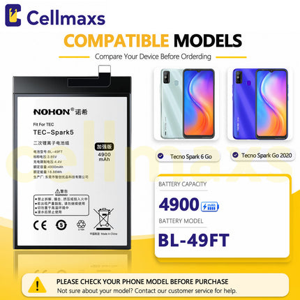Nohon Battery BL-49FT 4900mAh For Tecno Spark 5 Pro 6 Go 2020 KE5 KD7S KE5S KE5j KE5k Battery Replacement With Tools Adhesive