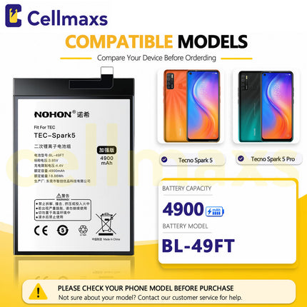 Nohon Battery BL-49FT 4900mAh For Tecno Spark 5 Pro 6 Go 2020 KE5 KD7S KE5S KE5j KE5k Battery Replacement With Tools Adhesive