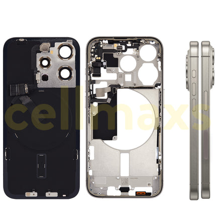 Cellmaxs For iPhone 15 Pro Back Housing Cover Frame Glass Replacement With Wireless Charging Power Volume Flex Camera Lens Button Keys Sim Card Tray