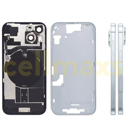 Cellmaxs For iPhone 15 Back Housing Cover Frame Glass Replacement With Wireless Charging Power Volume Flex Camera Lens Button Keys Sim Card Tray