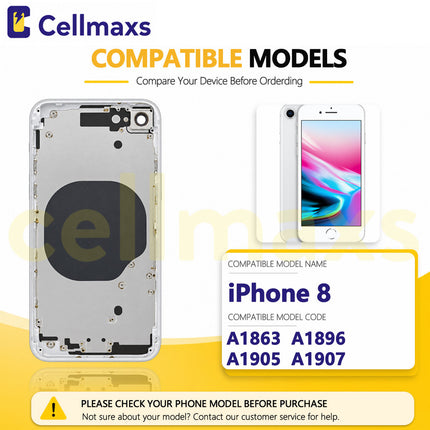 Cellmaxs For iPhone 8 Back Housing Cover Replacement With Wireless Charging Power Volume Flex Camera Lens Button Keys Sim Card Tray Free Tools
