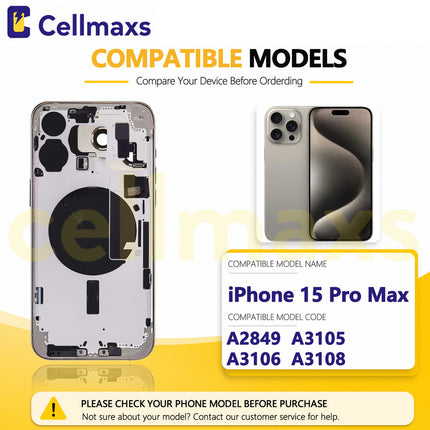 Cellmaxs For iPhone 15 Pro Max Back Housing Cover Frame Glass Replacement With Wireless Charging Power Volume Flex Camera Lens Button Keys Sim Card Tray