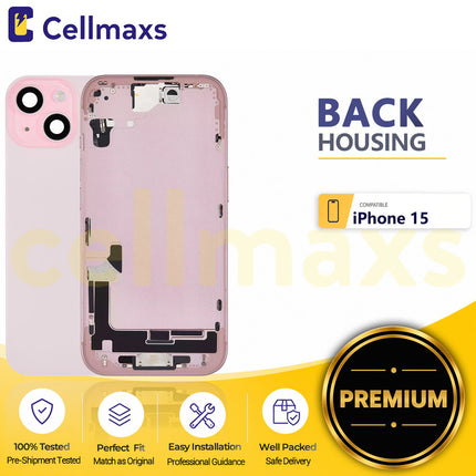 Cellmaxs For iPhone 15 Back Housing Cover Frame Glass Replacement With Wireless Charging Power Volume Flex Camera Lens Button Keys Sim Card Tray