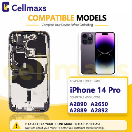 Cellmaxs For iPhone 14 Pro Back Housing Cover Replacement With Wireless Charging Power Volume Flex Camera Lens Button Keys Sim Card Tray Free Tools
