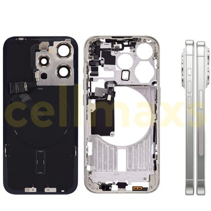 Cellmaxs For iPhone 15 Pro Back Housing Cover Frame Glass Replacement With Wireless Charging Power Volume Flex Camera Lens Button Keys Sim Card Tray