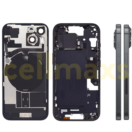 Cellmaxs For iPhone 15 Back Housing Cover Frame Glass Replacement With Wireless Charging Power Volume Flex Camera Lens Button Keys Sim Card Tray