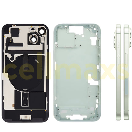 Cellmaxs For iPhone 15 Plus Back Housing Cover Frame Glass Replacement With Wireless Charging Power Volume Flex Camera Lens Button Keys Sim Card Tray