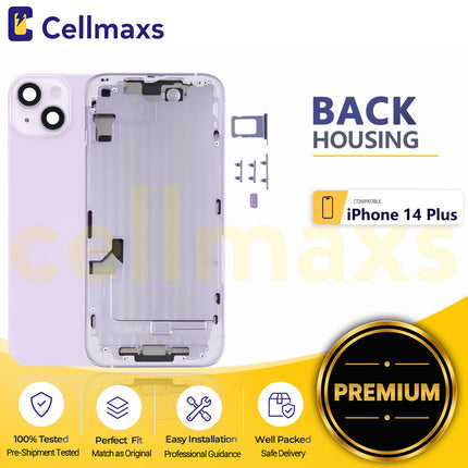 Cellmaxs For iPhone 14 Plus Back Housing Cover Frame Glass Replacement With Wireless Charging Power Volume Flex Camera Lens Button Keys Sim Card Tray