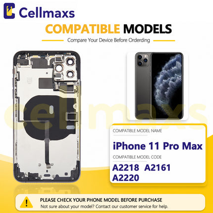 Cellmaxs For iPhone 11 Pro Max Back Housing Cover Replacement With Wireless Charging Power Volume Flex Camera Lens Button Keys Sim Card Tray Free Tools