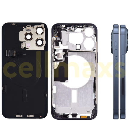 Cellmaxs For iPhone 15 Pro Max Back Housing Cover Frame Glass Replacement With Wireless Charging Power Volume Flex Camera Lens Button Keys Sim Card Tray