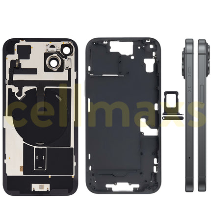 Cellmaxs For iPhone 15 Plus Back Housing Cover Frame Glass Replacement With Wireless Charging Power Volume Flex Camera Lens Button Keys Sim Card Tray