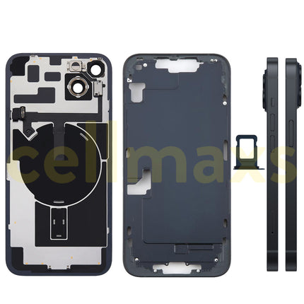Cellmaxs For iPhone 14 Plus Back Housing Cover Frame Glass Replacement With Wireless Charging Power Volume Flex Camera Lens Button Keys Sim Card Tray