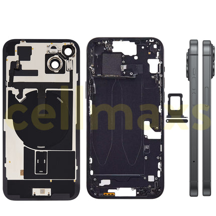 Cellmaxs For iPhone 15 Plus Back Housing Cover Frame Glass Replacement With Wireless Charging Power Volume Flex Camera Lens Button Keys Sim Card Tray