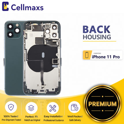 Cellmaxs For iPhone 11 Pro Back Housing Cover Replacement With Wireless Charging Power Volume Flex Camera Lens Button Keys Sim Card Tray Free Tools