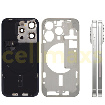 Cellmaxs For iPhone 15 Pro Back Housing Cover Frame Glass Replacement With Wireless Charging Power Volume Flex Camera Lens Button Keys Sim Card Tray