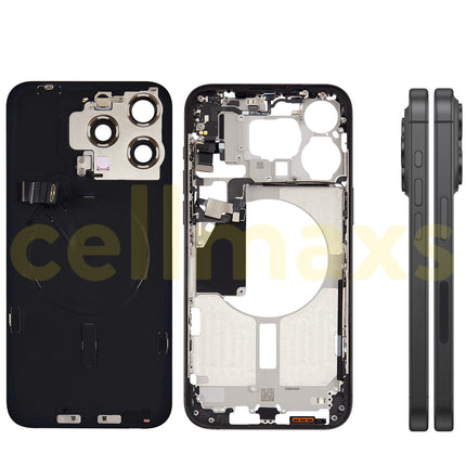 Cellmaxs For iPhone 15 Pro Max Back Housing Cover Frame Glass Replacement With Wireless Charging Power Volume Flex Camera Lens Button Keys Sim Card Tray