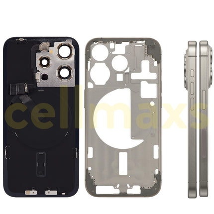 Cellmaxs For iPhone 15 Pro Back Housing Cover Frame Glass Replacement With Wireless Charging Power Volume Flex Camera Lens Button Keys Sim Card Tray