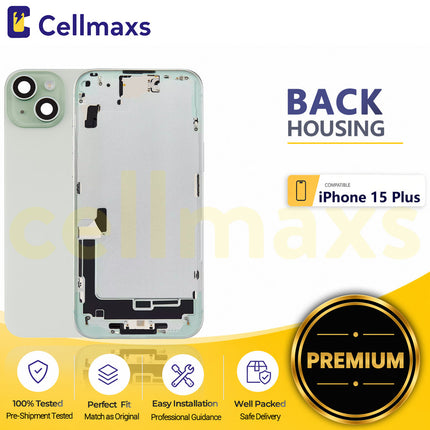 Cellmaxs For iPhone 15 Plus Back Housing Cover Frame Glass Replacement With Wireless Charging Power Volume Flex Camera Lens Button Keys Sim Card Tray