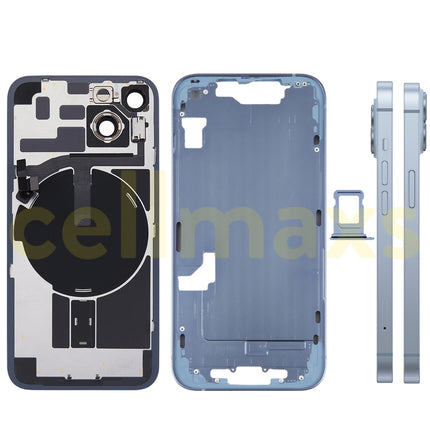 Cellmaxs For iPhone 14 Back Housing Cover Frame Glass Replacement With Wireless Charging Power Volume Flex Camera Lens Button Keys Sim Card Tray