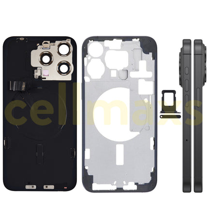 Cellmaxs For iPhone 15 Pro Max Back Housing Cover Frame Glass Replacement With Wireless Charging Power Volume Flex Camera Lens Button Keys Sim Card Tray