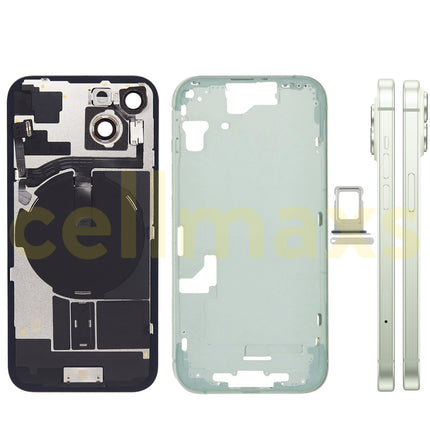 Cellmaxs For iPhone 15 Back Housing Cover Frame Glass Replacement With Wireless Charging Power Volume Flex Camera Lens Button Keys Sim Card Tray