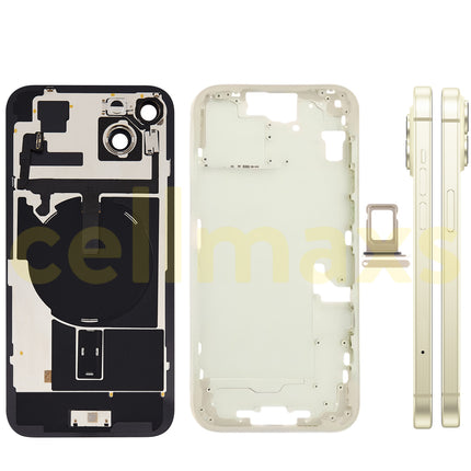 Cellmaxs For iPhone 15 Plus Back Housing Cover Frame Glass Replacement With Wireless Charging Power Volume Flex Camera Lens Button Keys Sim Card Tray