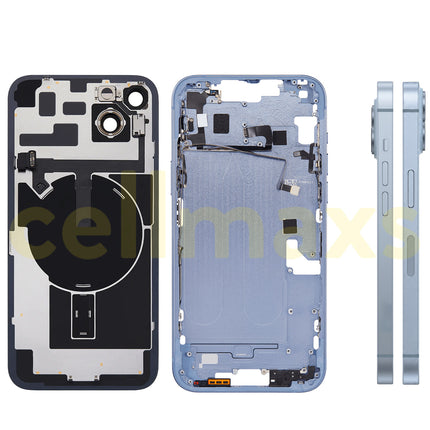 Cellmaxs For iPhone 14 Plus Back Housing Cover Frame Glass Replacement With Wireless Charging Power Volume Flex Camera Lens Button Keys Sim Card Tray