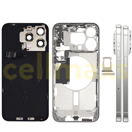 Cellmaxs For iPhone 15 Pro Max Back Housing Cover Frame Glass Replacement With Wireless Charging Power Volume Flex Camera Lens Button Keys Sim Card Tray