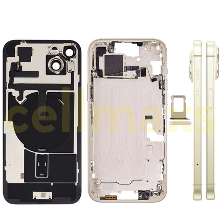 Cellmaxs For iPhone 15 Plus Back Housing Cover Frame Glass Replacement With Wireless Charging Power Volume Flex Camera Lens Button Keys Sim Card Tray