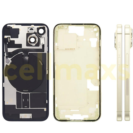 Cellmaxs For iPhone 15 Back Housing Cover Frame Glass Replacement With Wireless Charging Power Volume Flex Camera Lens Button Keys Sim Card Tray