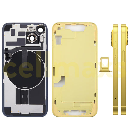 Cellmaxs For iPhone 14 Back Housing Cover Frame Glass Replacement With Wireless Charging Power Volume Flex Camera Lens Button Keys Sim Card Tray