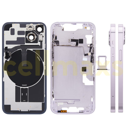 Cellmaxs For iPhone 14 Back Housing Cover Frame Glass Replacement With Wireless Charging Power Volume Flex Camera Lens Button Keys Sim Card Tray