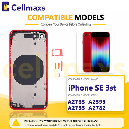 Cellmaxs For iPhone SE 3st 2022 Back Housing Cover Replacement With Wireless Charging Power Volume Flex Camera Lens Button Keys Sim Card Tray Free Tools