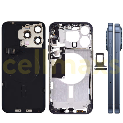 Cellmaxs For iPhone 15 Pro Max Back Housing Cover Frame Glass Replacement With Wireless Charging Power Volume Flex Camera Lens Button Keys Sim Card Tray