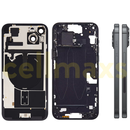 Cellmaxs For iPhone 15 Plus Back Housing Cover Frame Glass Replacement With Wireless Charging Power Volume Flex Camera Lens Button Keys Sim Card Tray