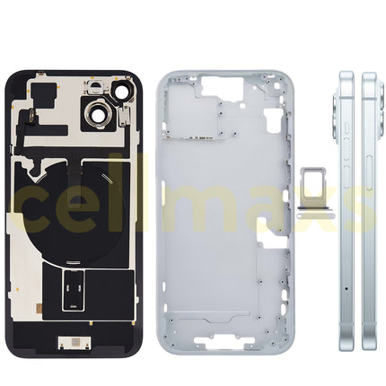 Cellmaxs For iPhone 15 Plus Back Housing Cover Frame Glass Replacement With Wireless Charging Power Volume Flex Camera Lens Button Keys Sim Card Tray